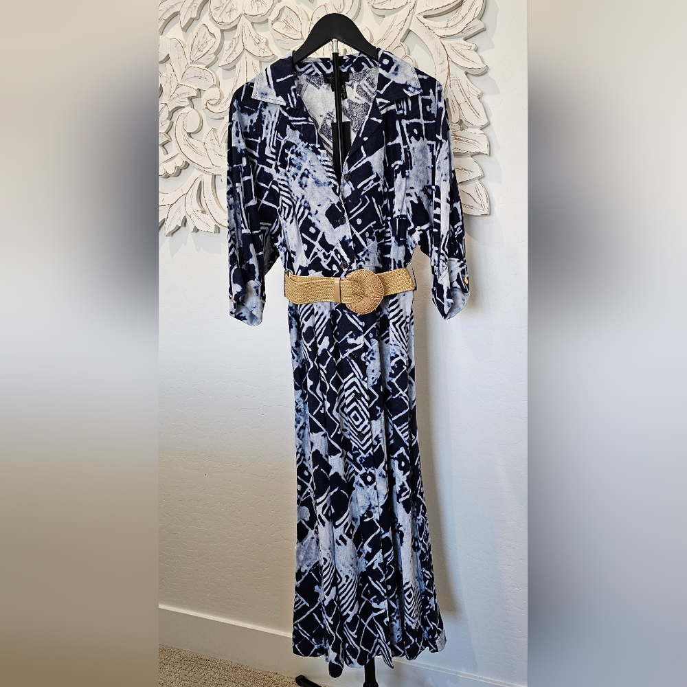 Donna Karan Navy & Whitelinen Blend Midi Shirt Dress Women's Size 10 NWT